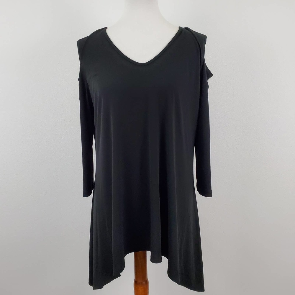 Clara Sun Woo Cold Shoulder Top Size Large Black Sharkbite Hem 3/4 Sleeves USA